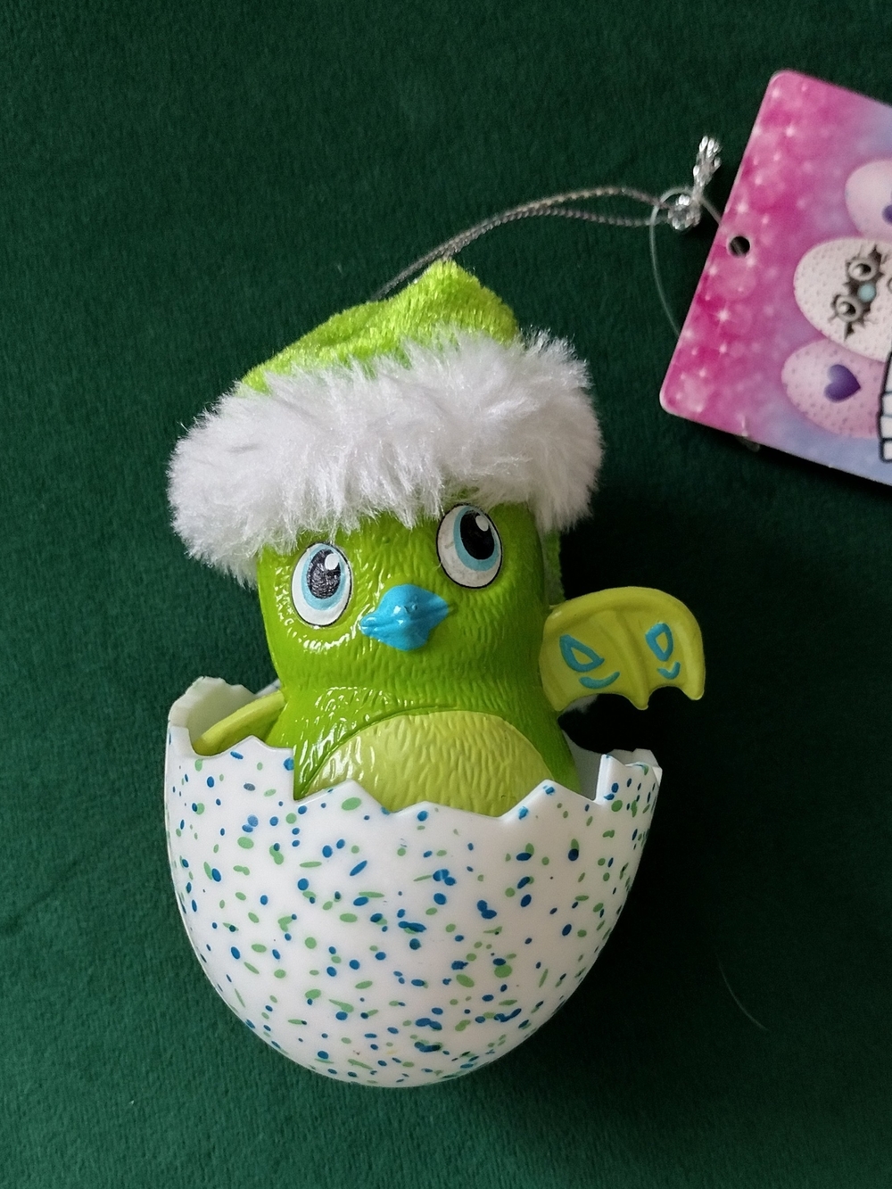 Green Draggle Hatchling Bird in Speckled Egg Christmas Tree Ornament